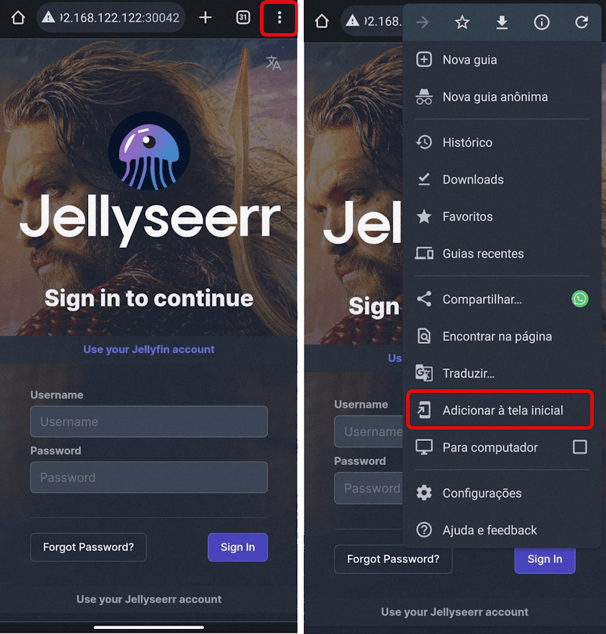 Adicionando o jellyseer a tela inicial